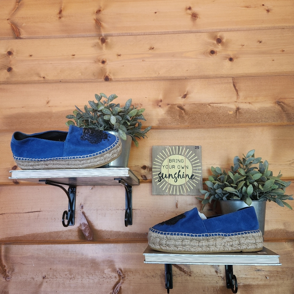 Kenzo Paris Tiger Espadrille Blue Suede Leather Jute Platform Slip On Shoe Sz 36